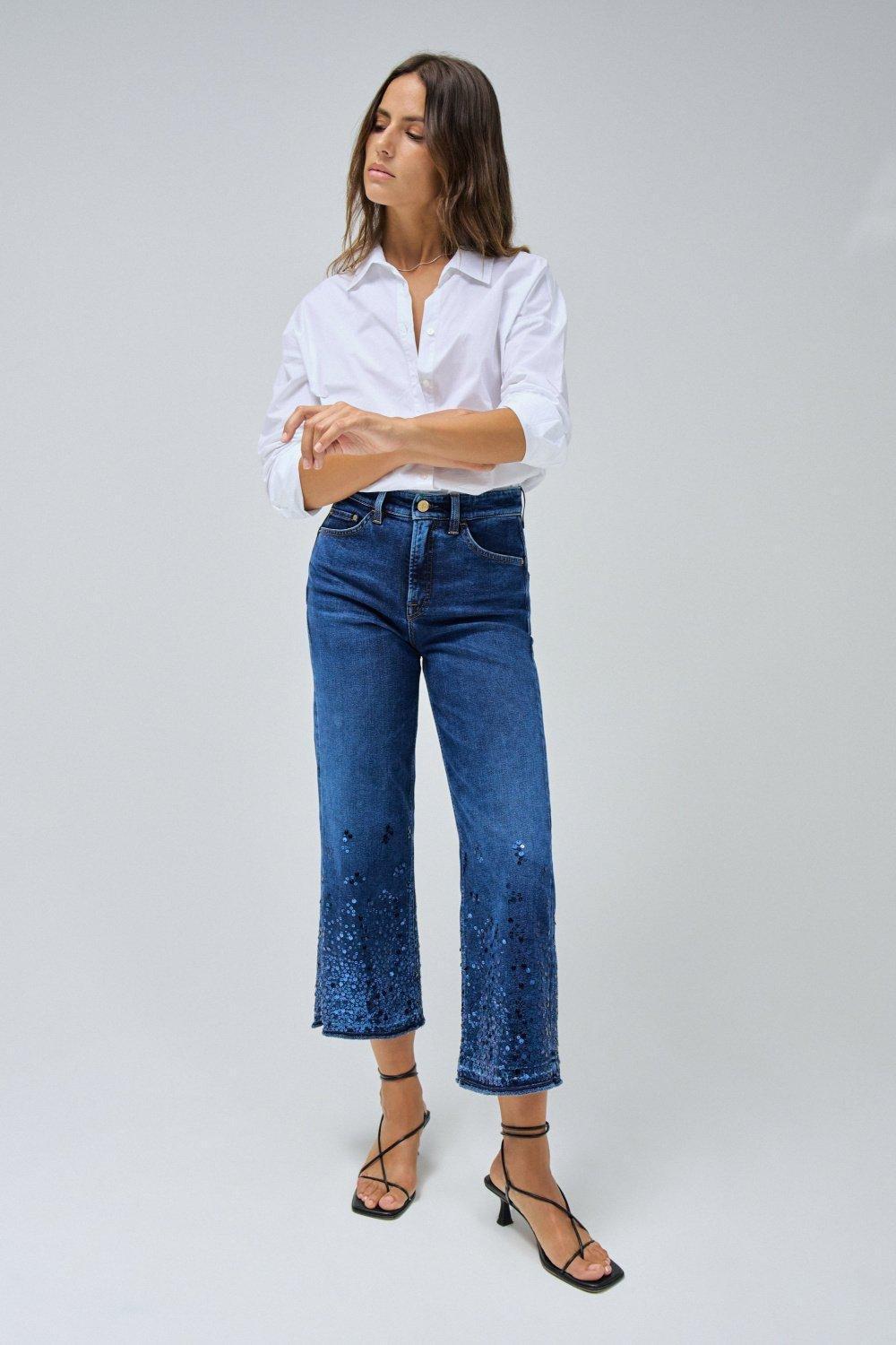 Blue Dark Wash Cropped Jeans, , large image number 1