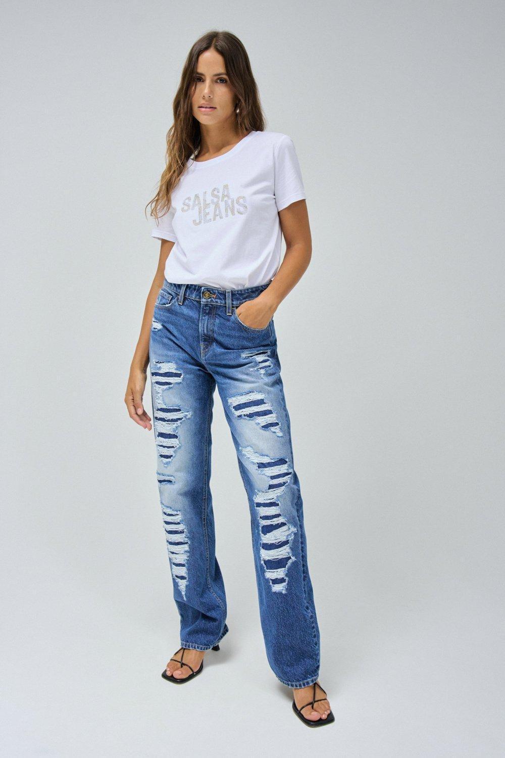Blue Ripped True Straight Jeans, , large image number 1
