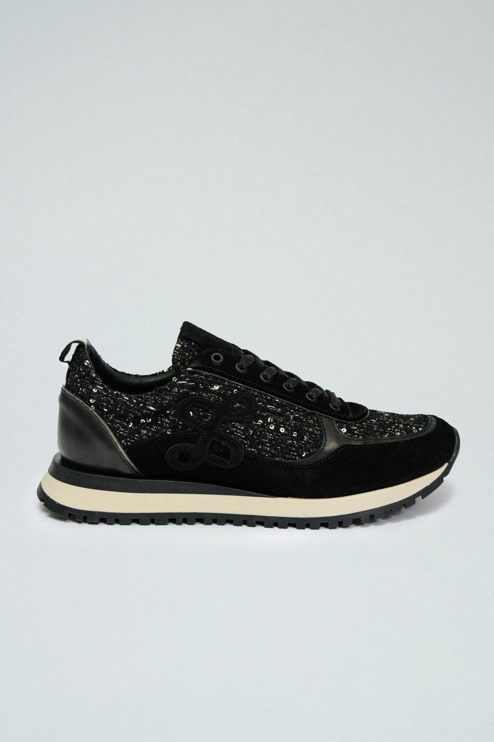 Leather And Tweed Trainers, Black, medium