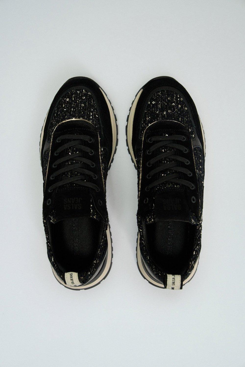 Leather And Tweed Trainers, Black, large image number 3