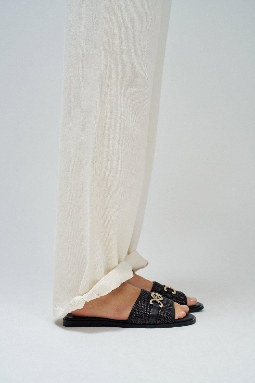 Flat Leather Sandals With Raffia, , large image number 0