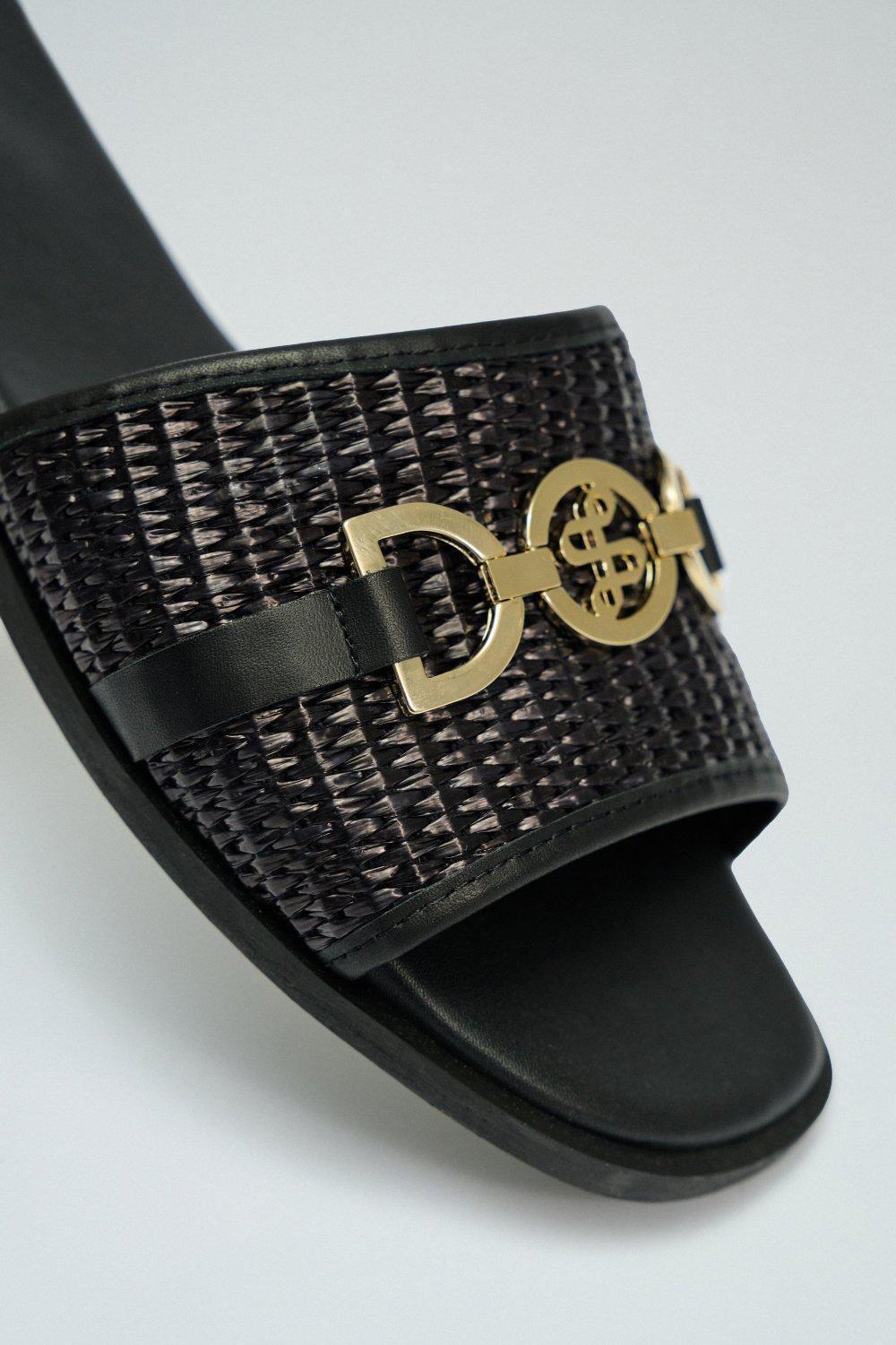 Flat Leather Sandals With Raffia, Black, large image number 1