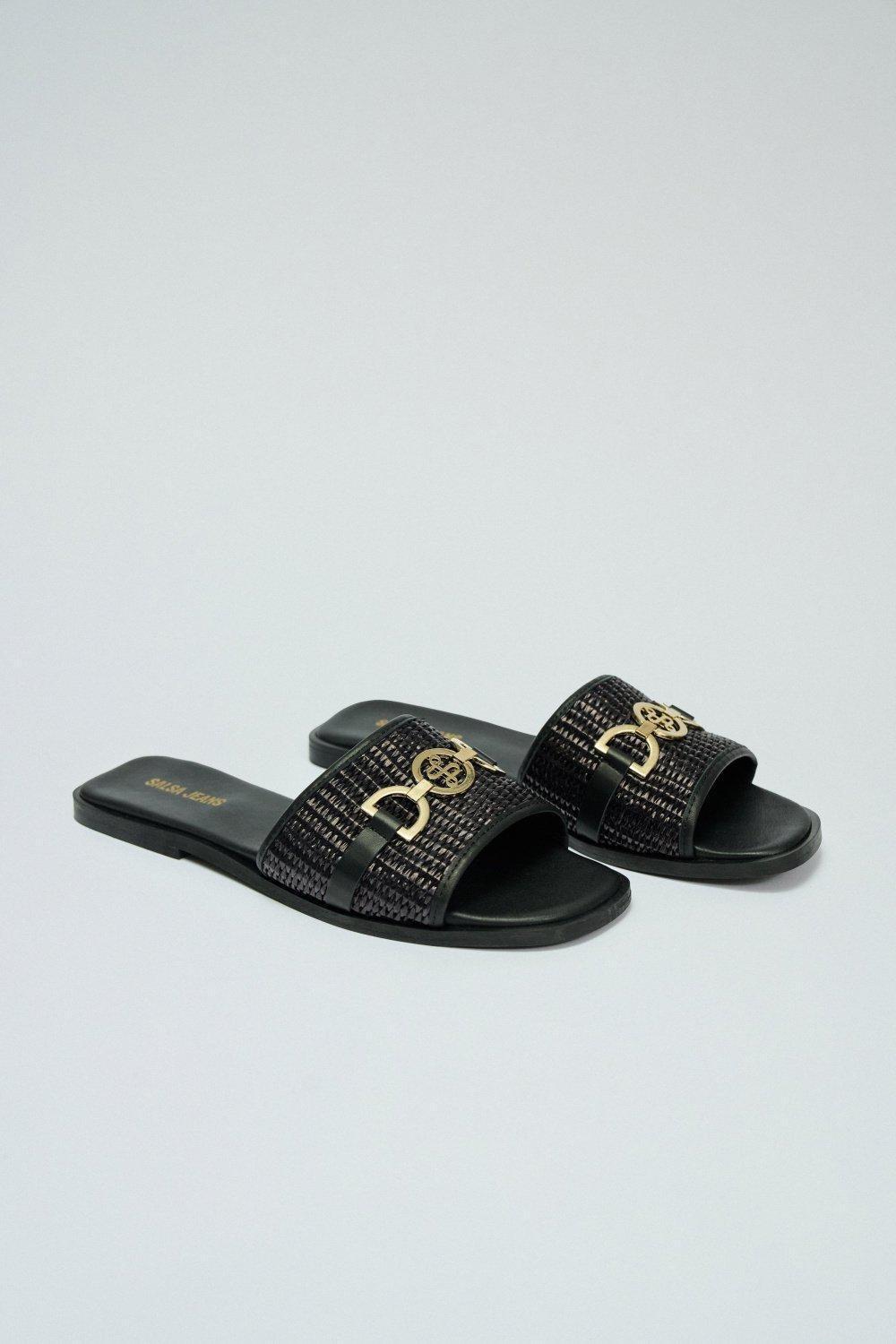 Flat Leather Sandals With Raffia, Black, medium