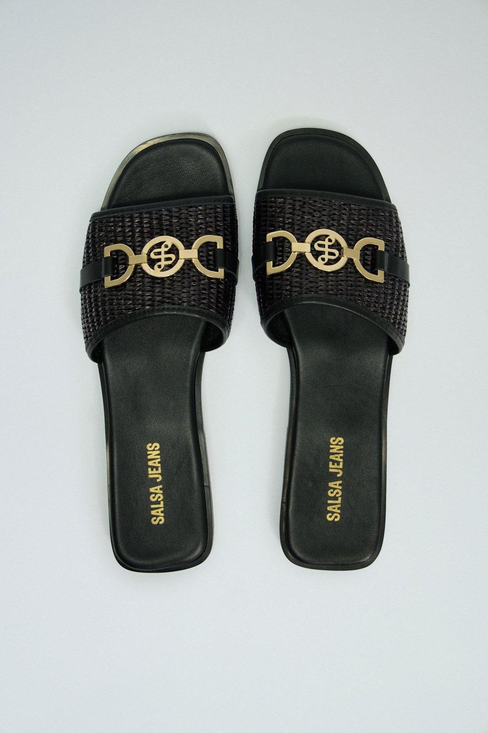 Flat Leather Sandals With Raffia, Black, large image number 3