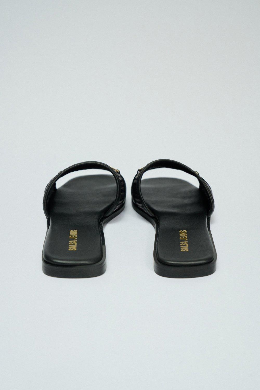 Flat Leather Sandals With Raffia, Black, large image number 4