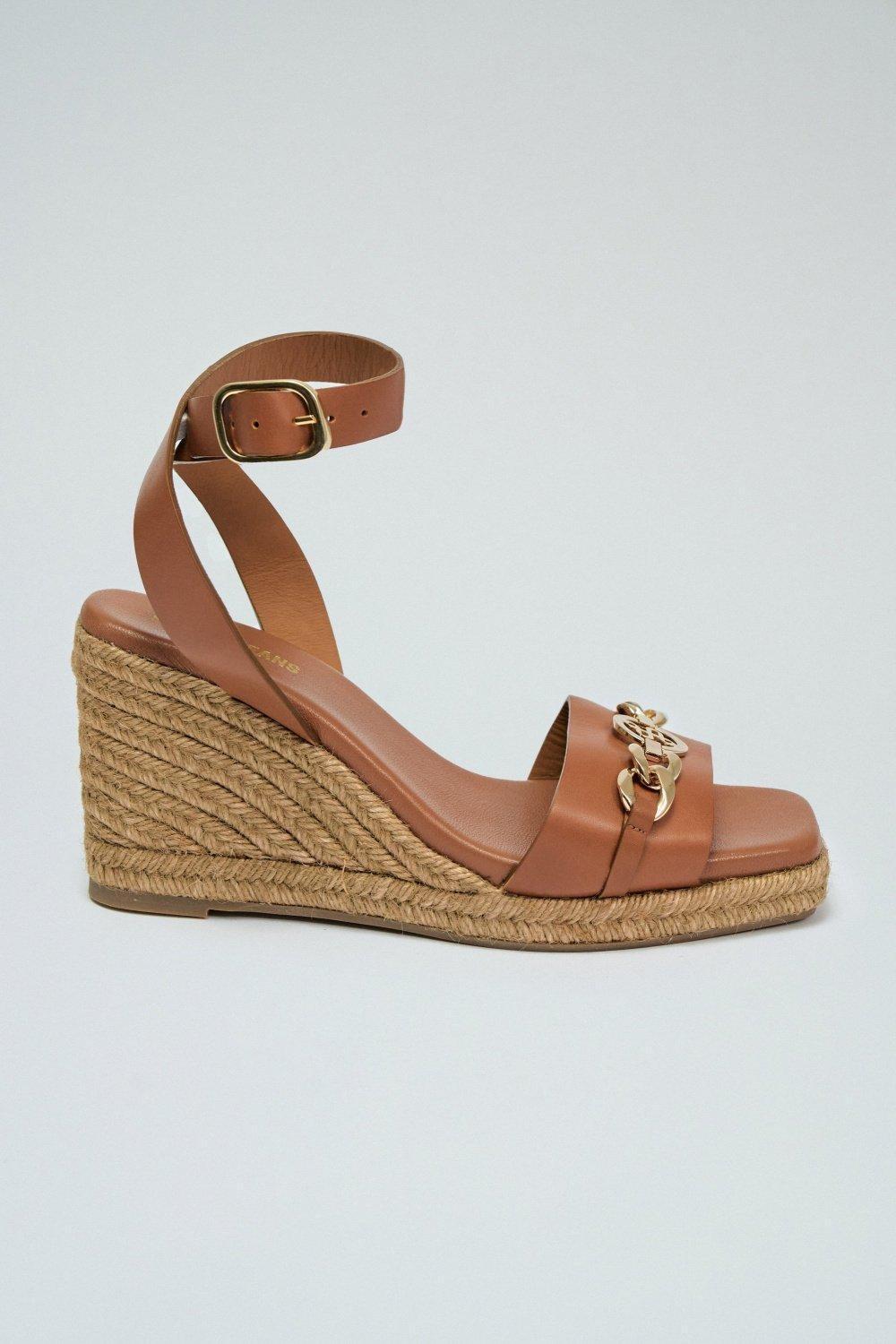 Brown Leather Sandals With Wedge Heel, , medium