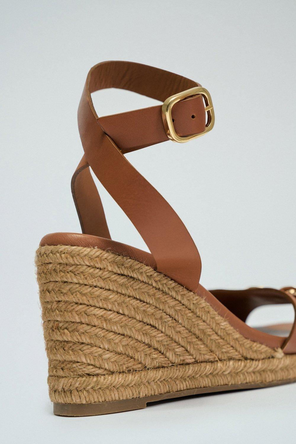 Brown Leather Sandals With Wedge Heel, , large image number 1