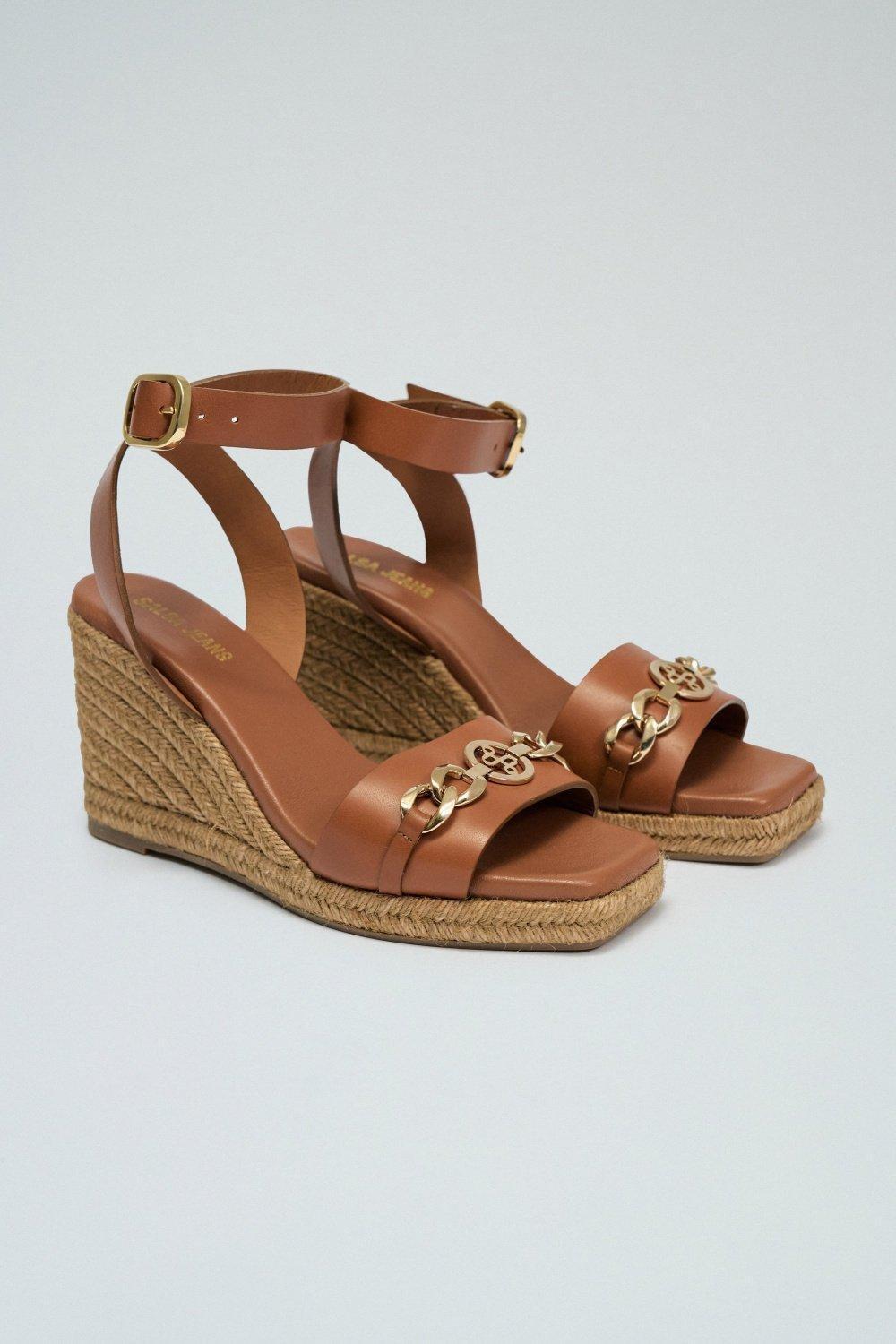 Leather Sandals With Wedge Heel, Brown, large image number 2
