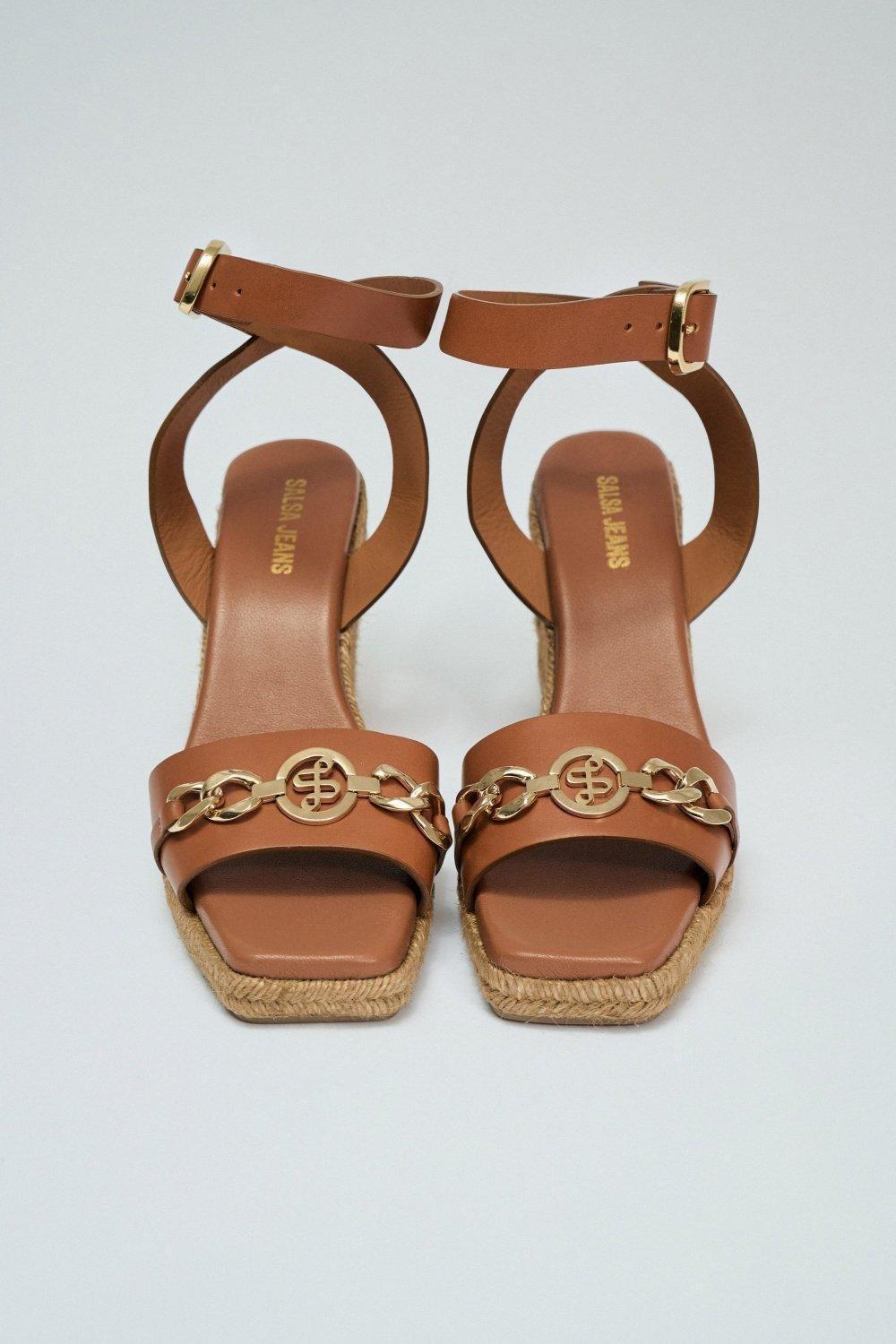 Leather Sandals With Wedge Heel, Brown, large image number 3
