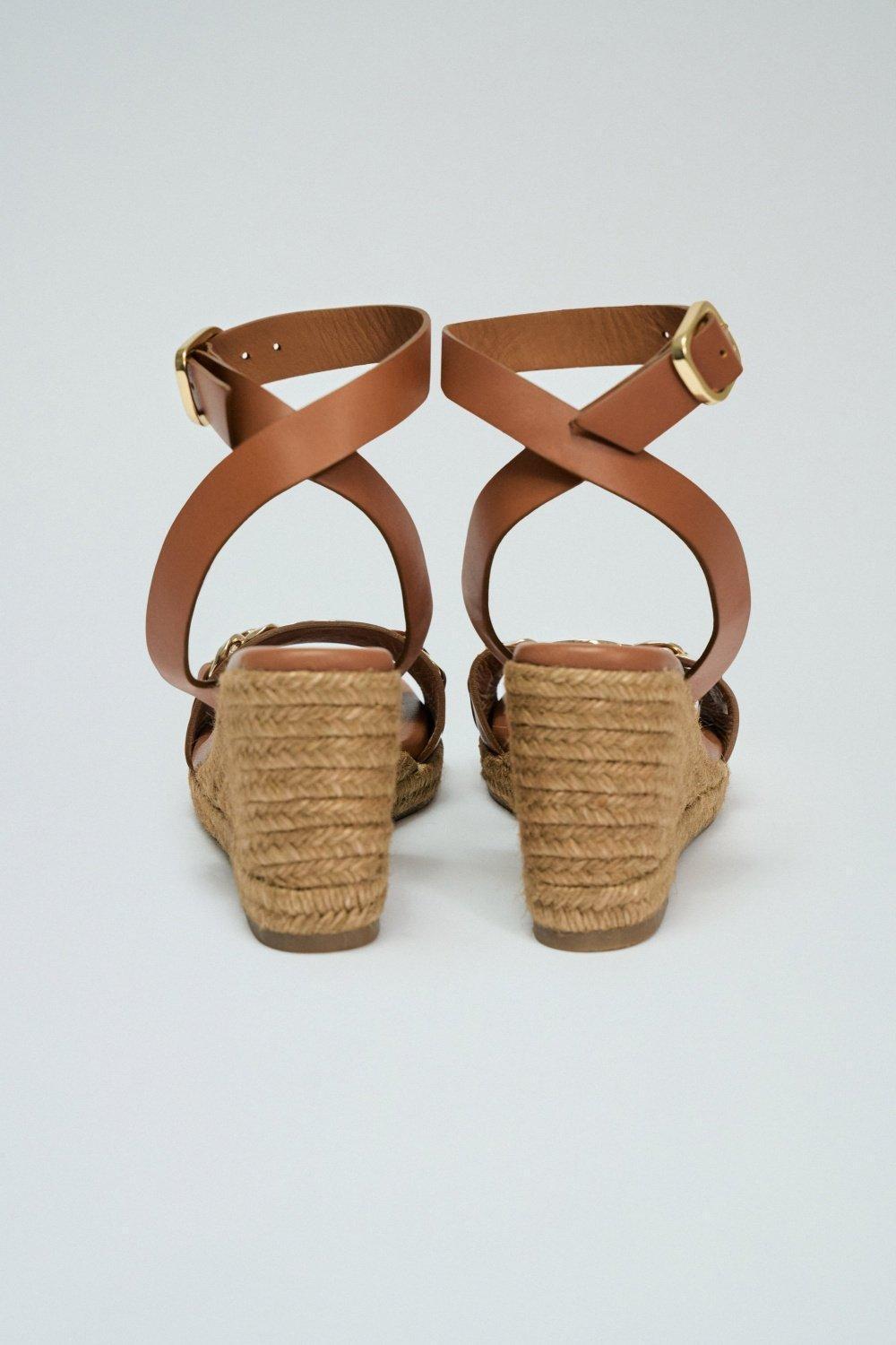 Leather Sandals With Wedge Heel, Brown, large image number 4