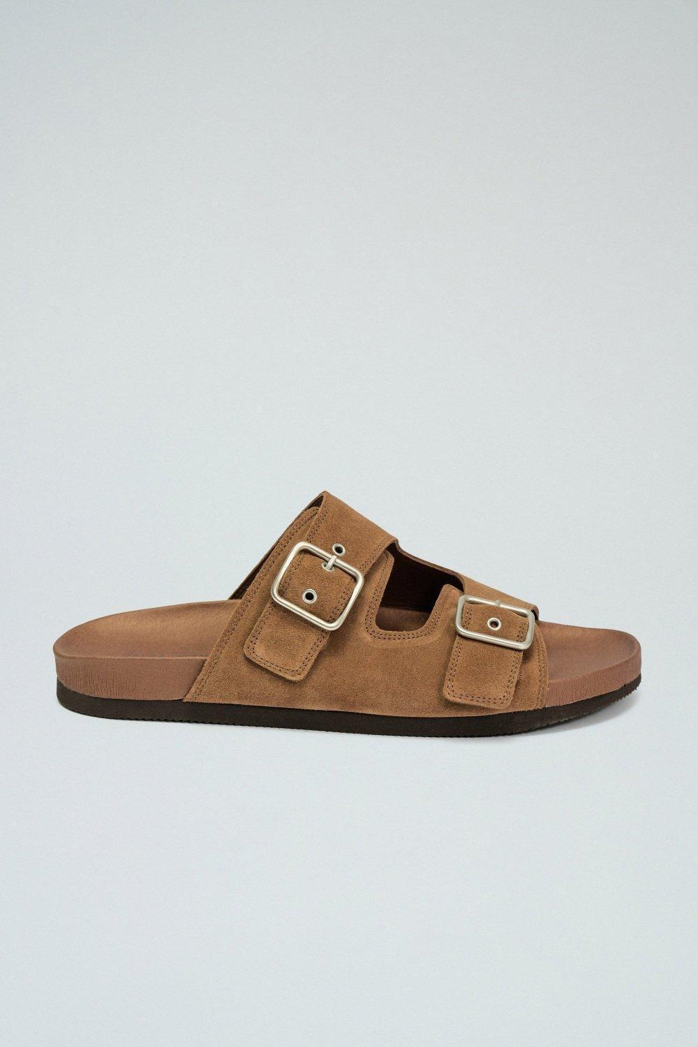 Leather Sandals With Buckles, Brown, medium