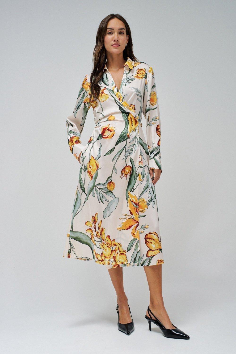 Beige Floral Shirt Dress, , large image number 1