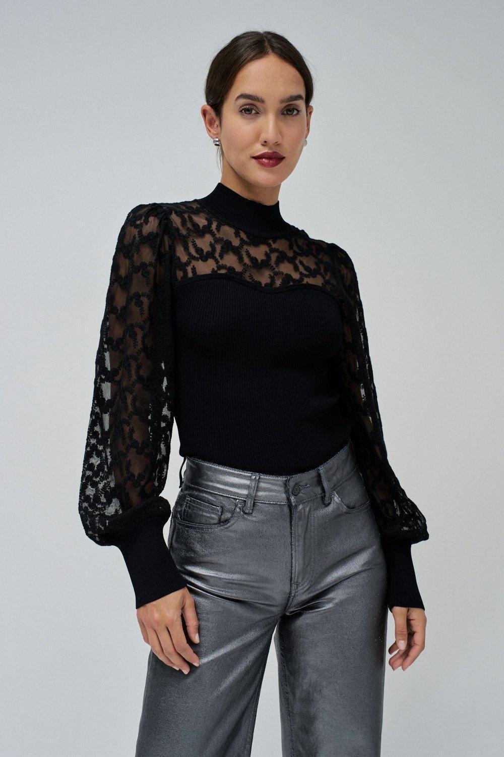 High Neck Top With Lace Details, , large image number 0