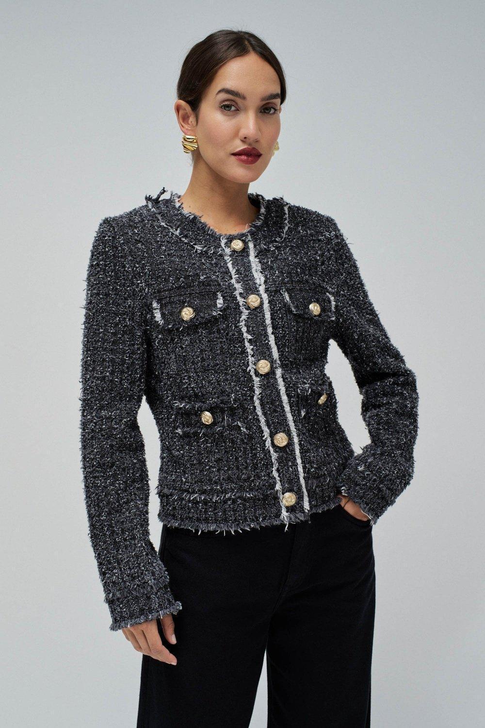 Tweed Effect Denim Jacket, GREY, medium