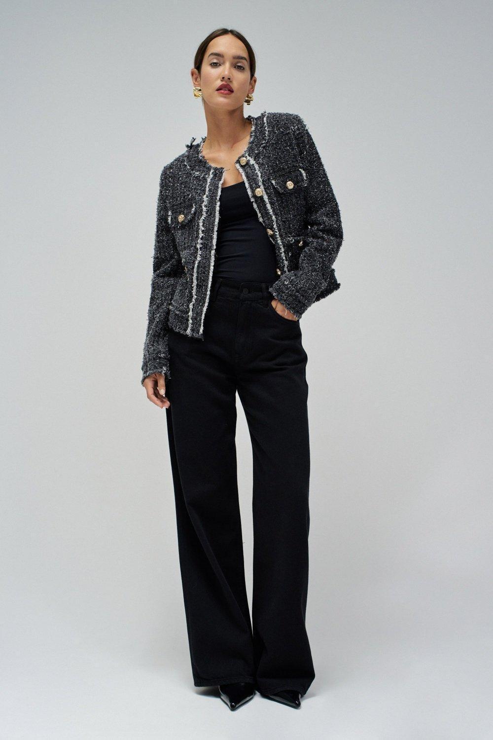 Tweed Effect Denim Jacket, GREY, medium