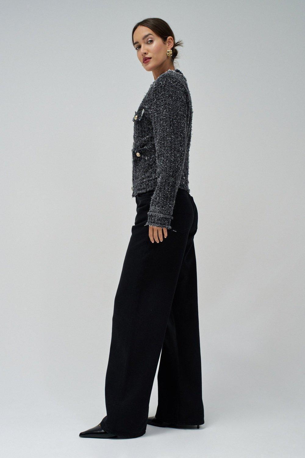 Tweed Effect Denim Jacket, GREY, medium