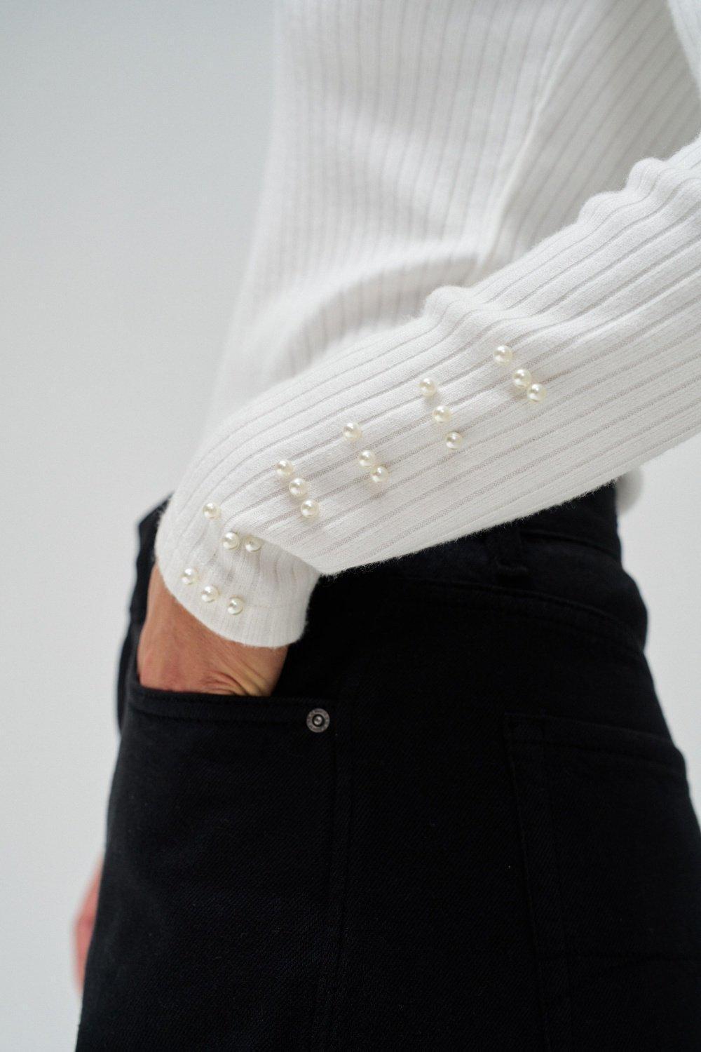 White Ribbed Casual Sweater, , large image number 4