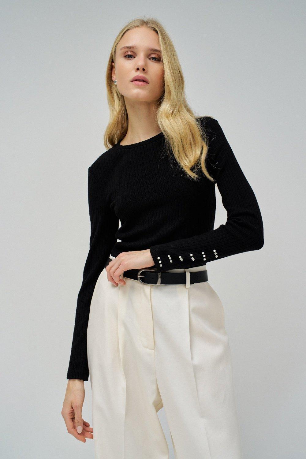 Fine Ribbed Knit Sweater, Black, medium