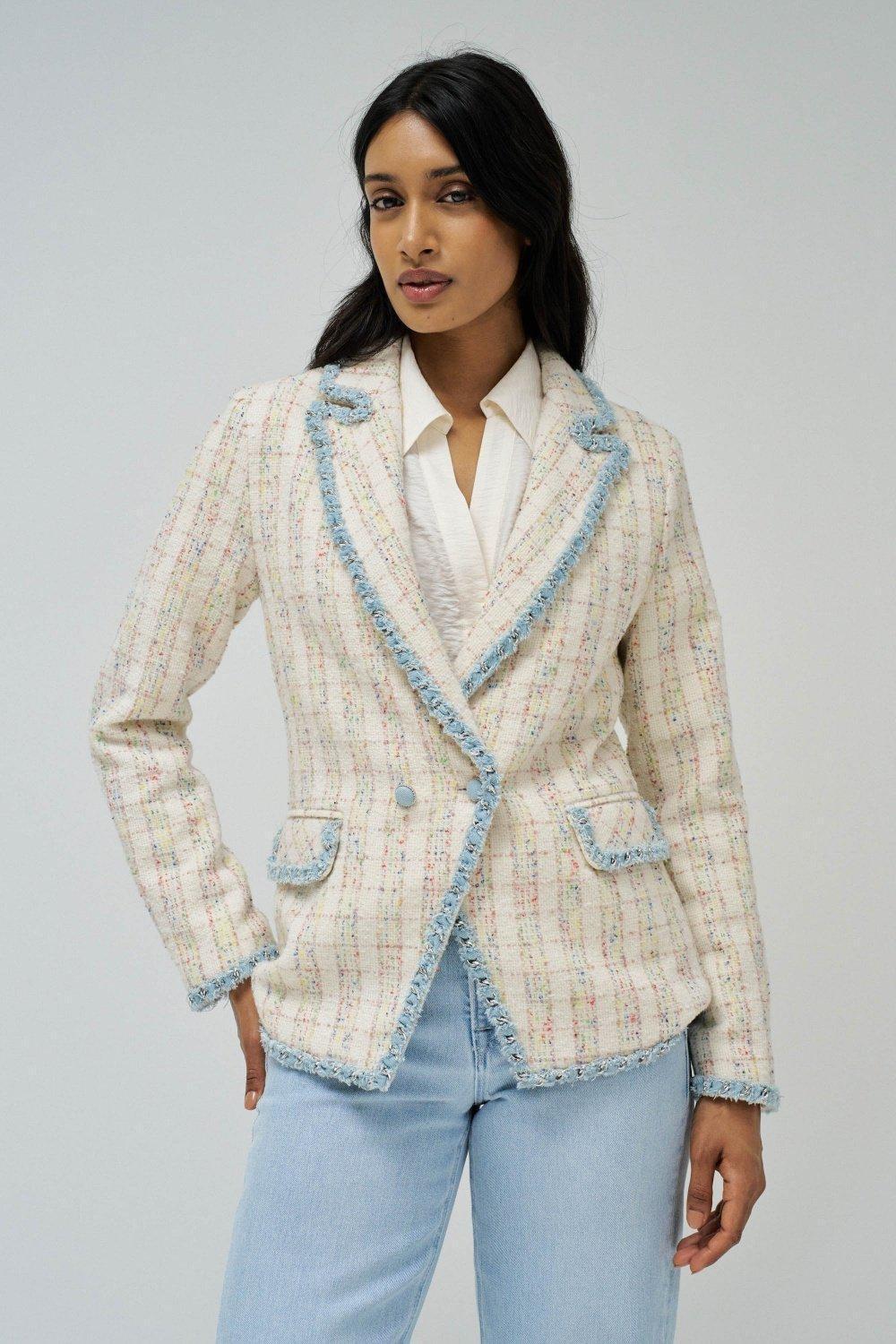 Tweed Blazer With Denim Details, Pearl, large image number 0
