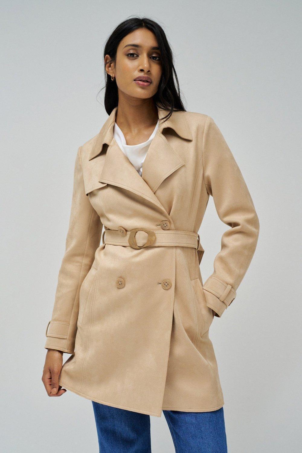Beige Knee-Length Trench Coat, , medium