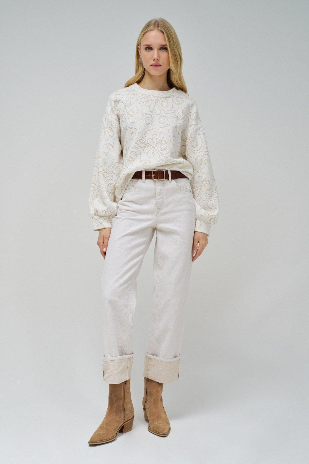 White Embroidered Oversized Cropped Hoodie, , large image number 1