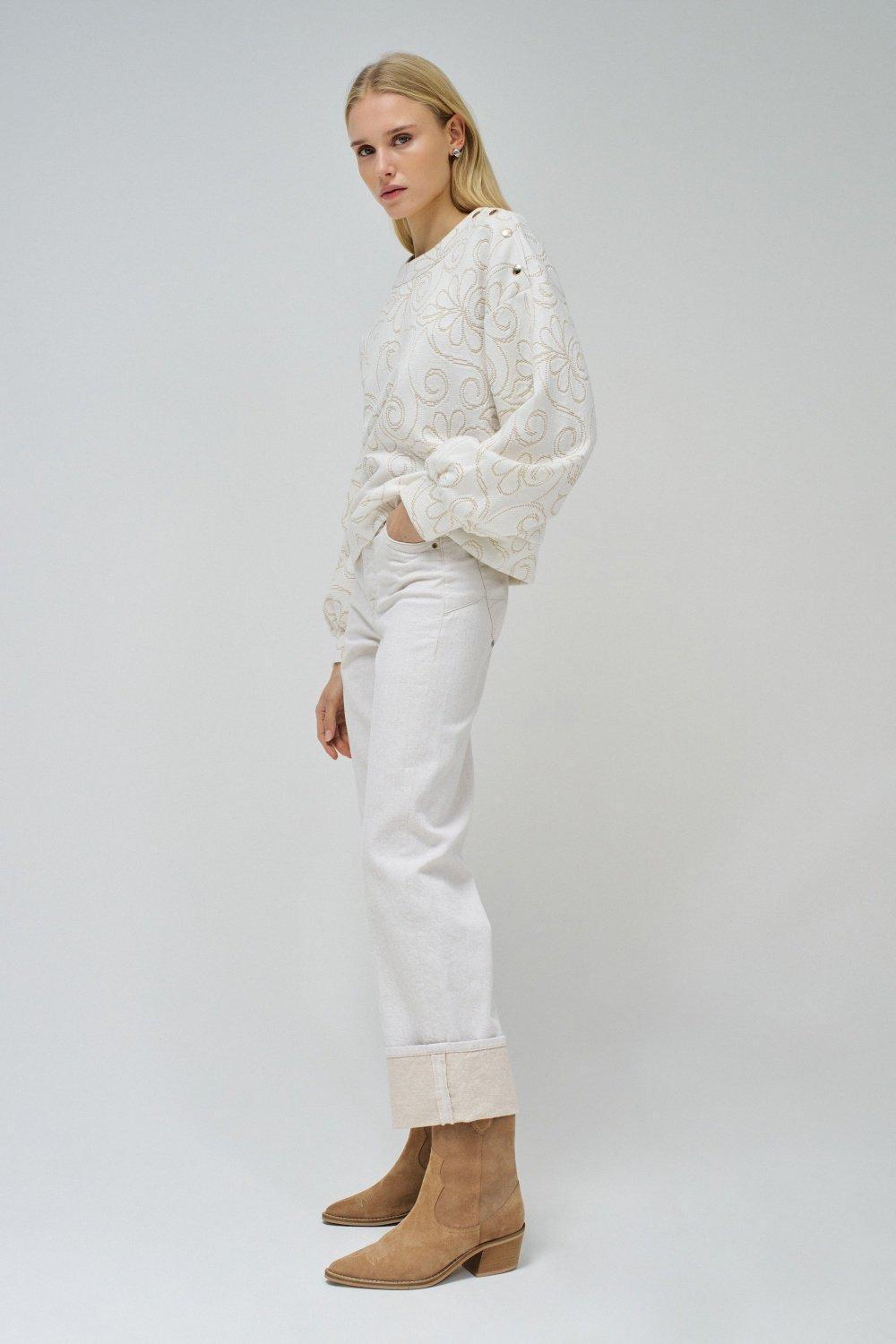 White Embroidered Oversized Cropped Hoodie, , large image number 2