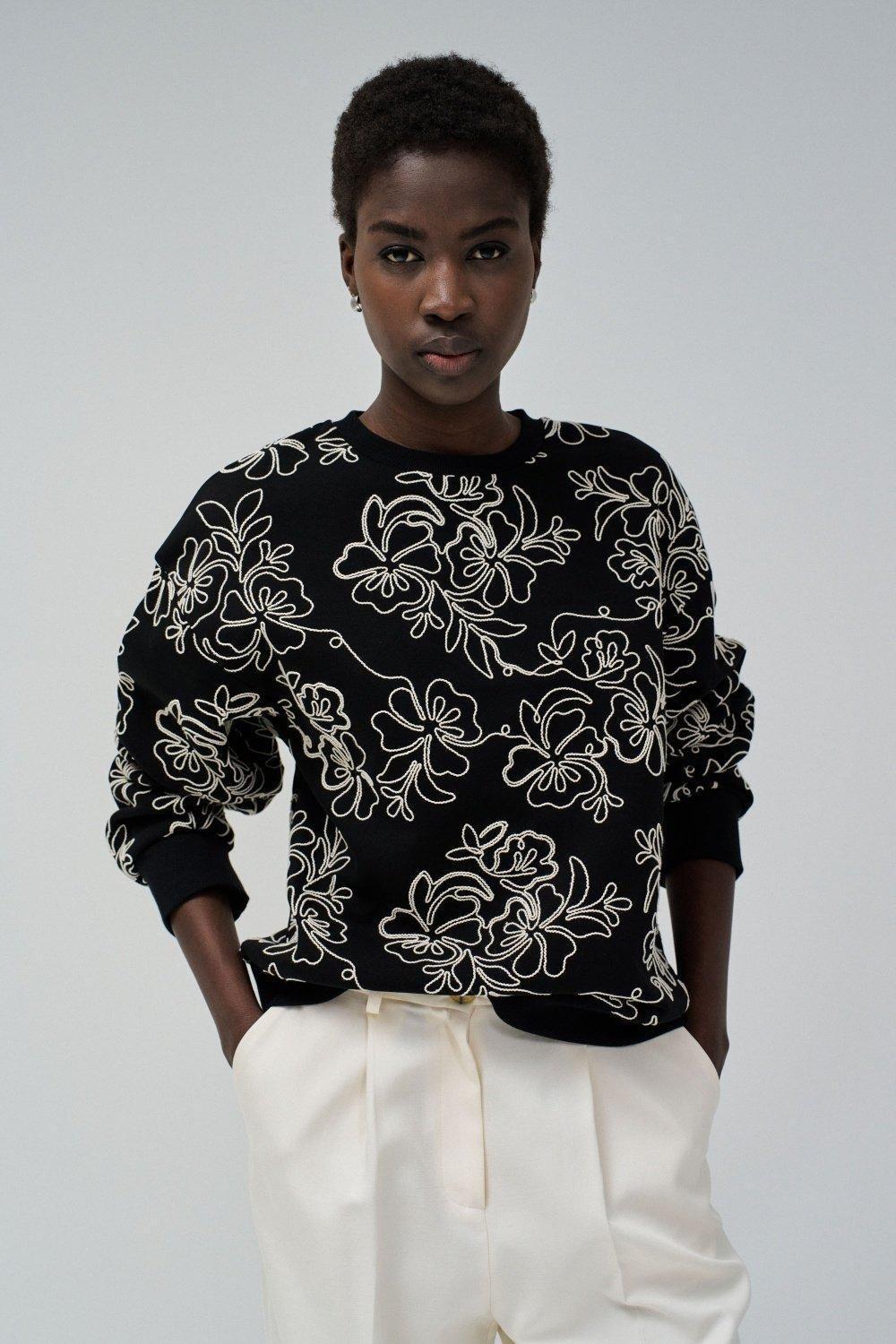 Textured Floral Jumper, Black, large image number 0