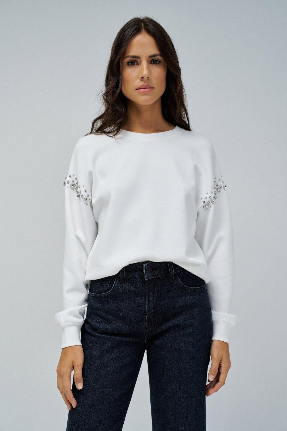 Sweatshirt With Rhinestones, White, large image number 0