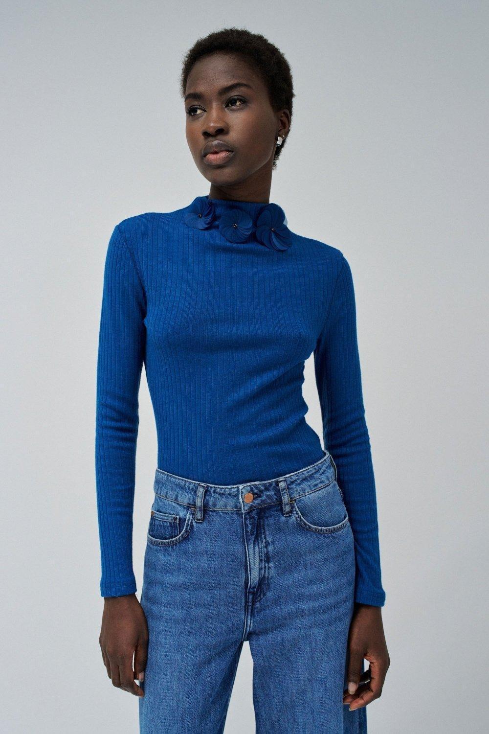 Blue Ribbed Casual Sweater, , large image number 0