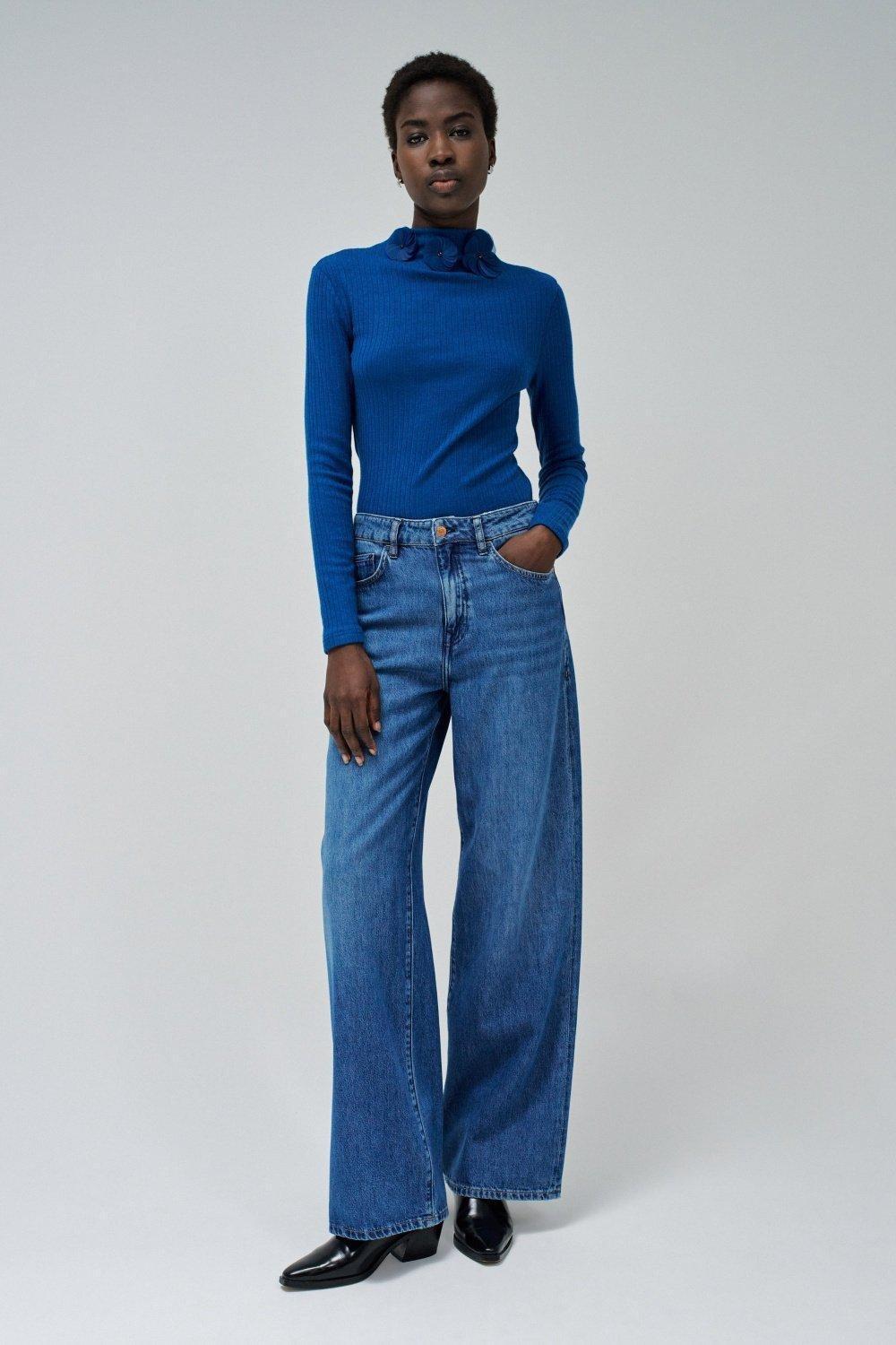 Blue Ribbed Casual Sweater, , large image number 1