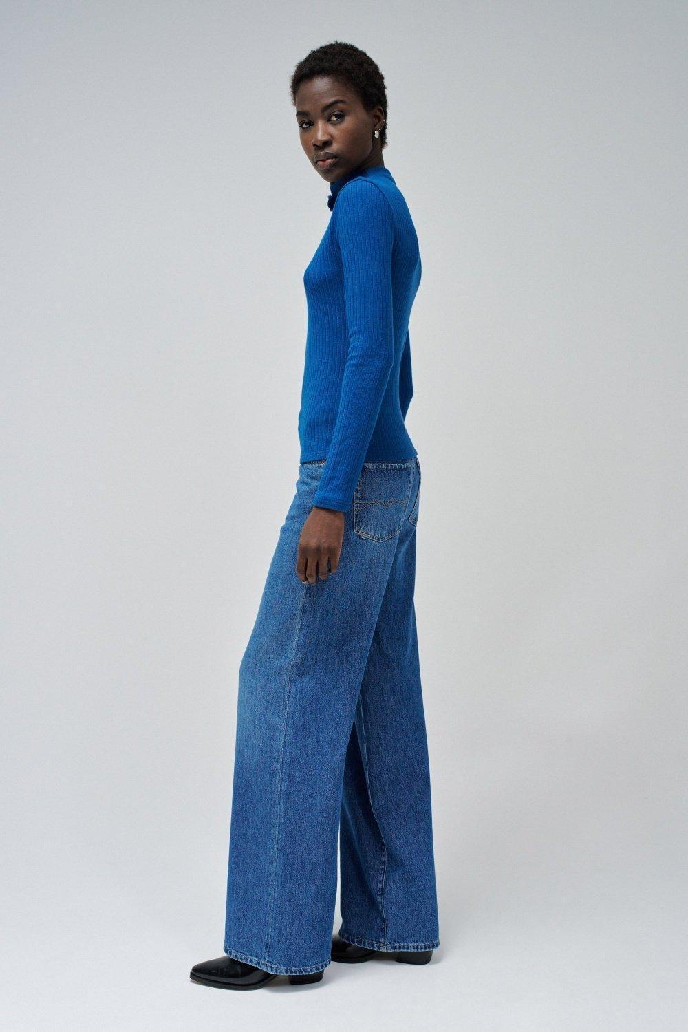 Blue Ribbed Casual Sweater, , large image number 2