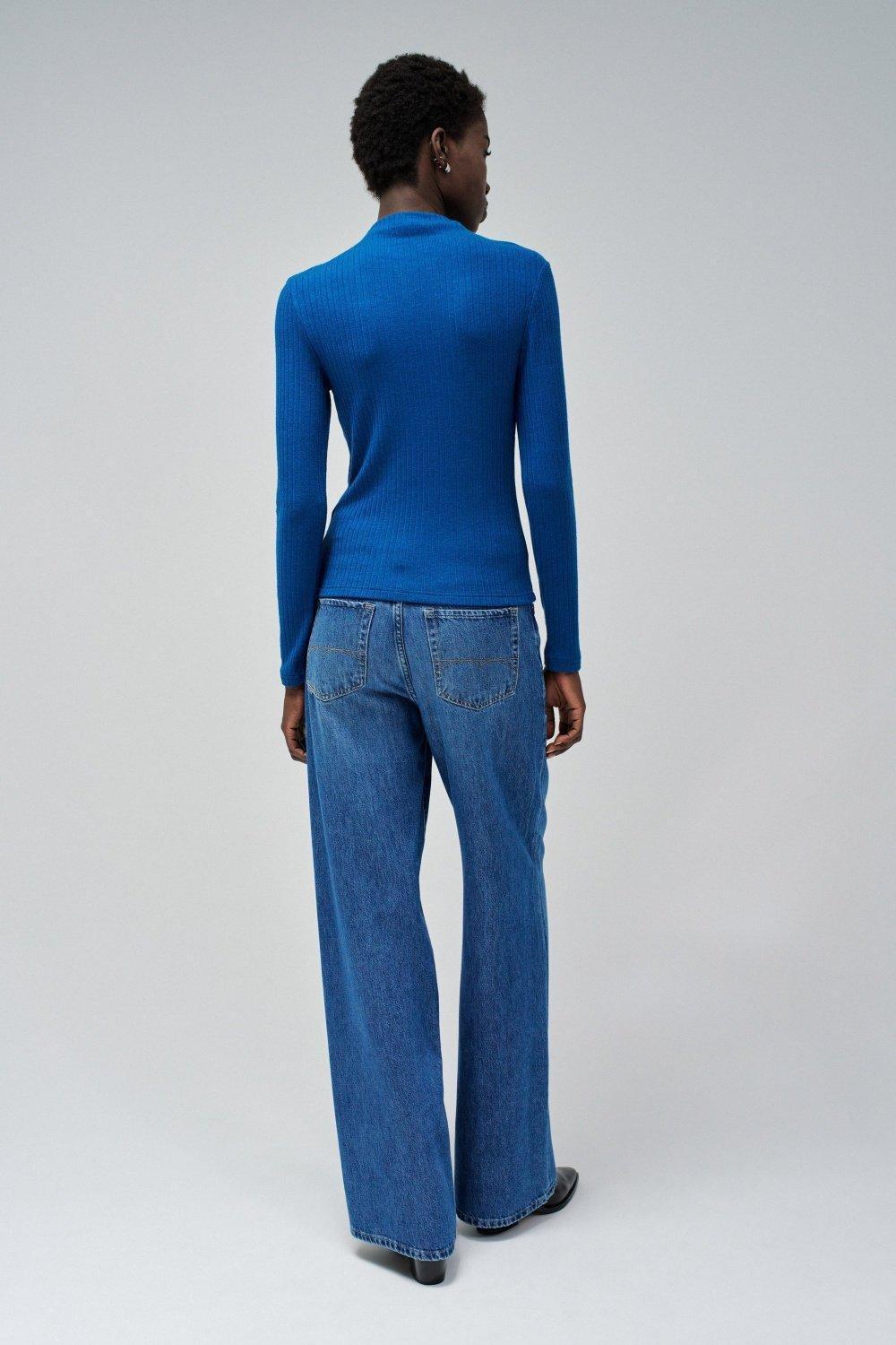 Blue Ribbed Casual Sweater, , large image number 3