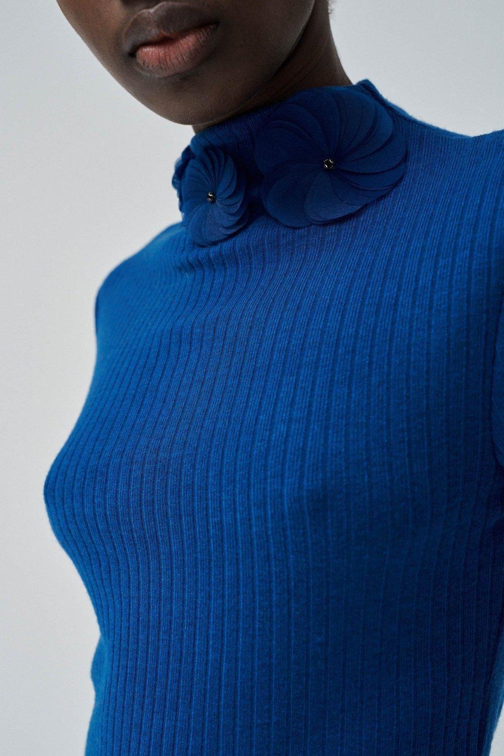 Blue Ribbed Casual Sweater, , large image number 4