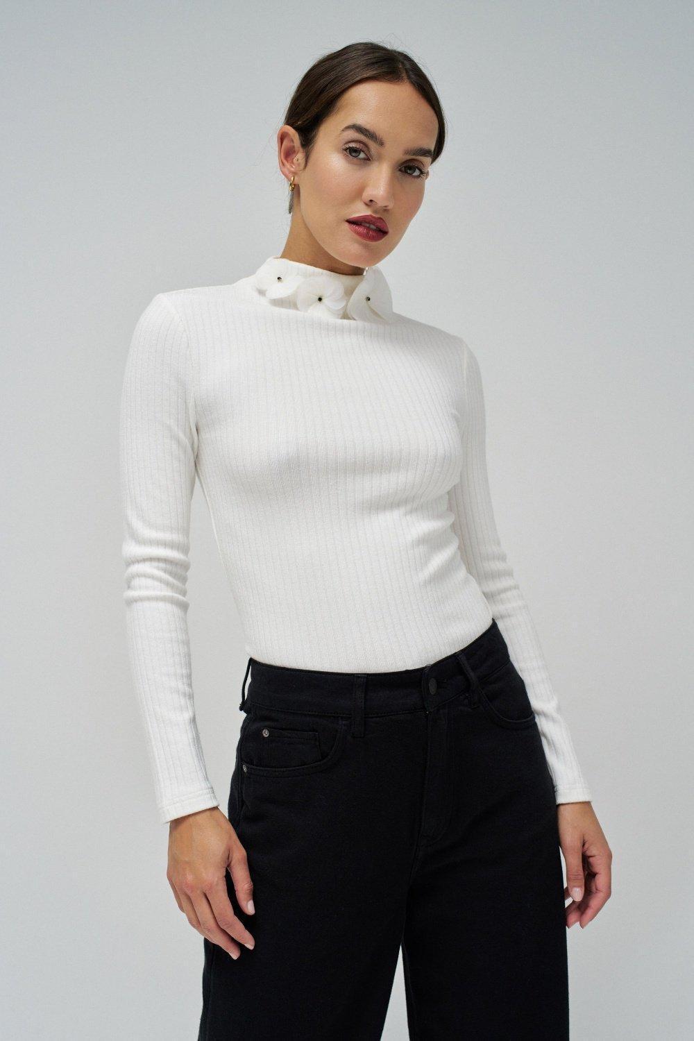 Jumper With Flower Detail On The Neck, White, medium
