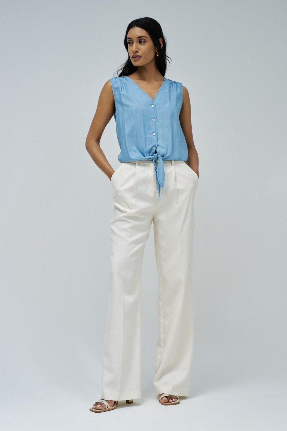 Light Denim Knot Tie Front Blouse, , large image number 1