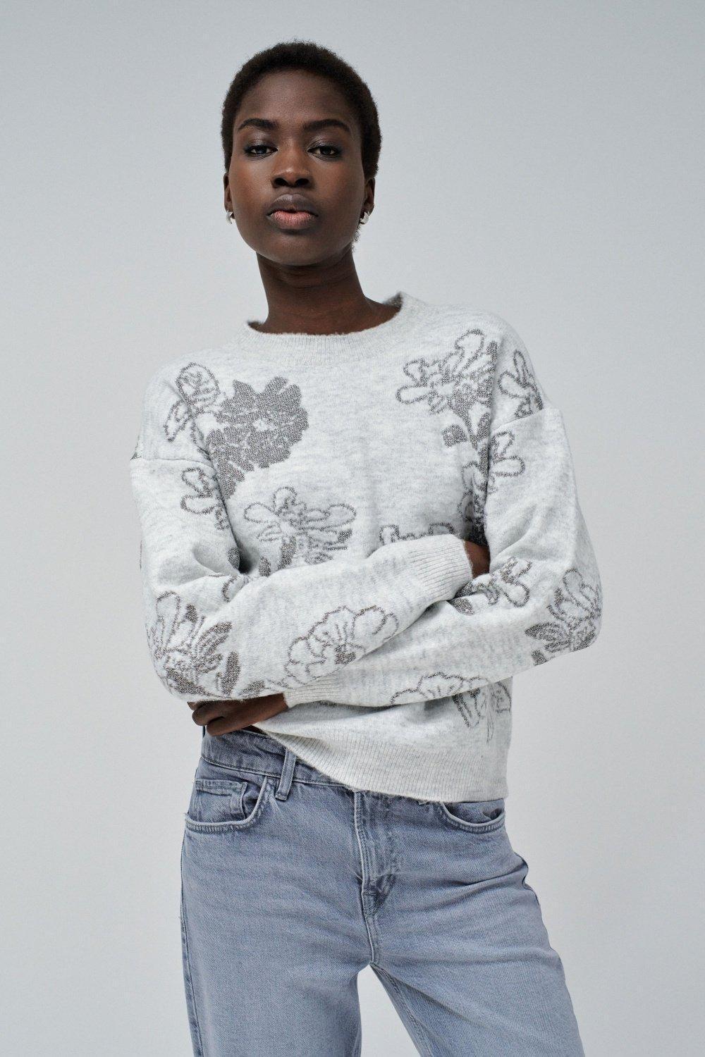 Gray Floral Jumpers Cropped Sweater, , large image number 0