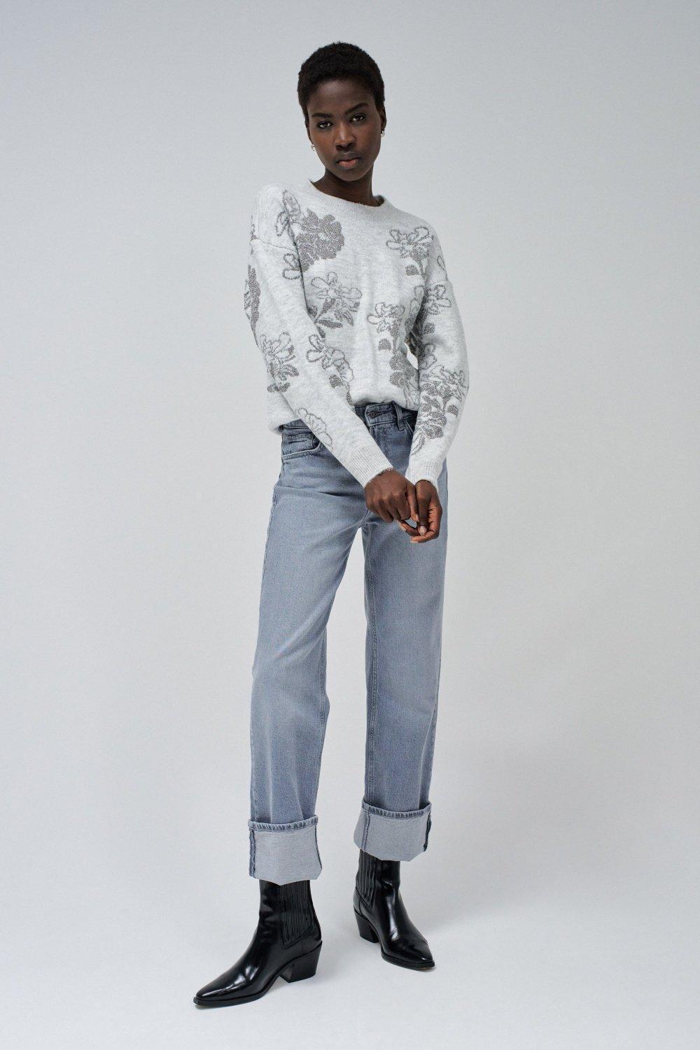 Gray Floral Jumpers Cropped Sweater, , large image number 1