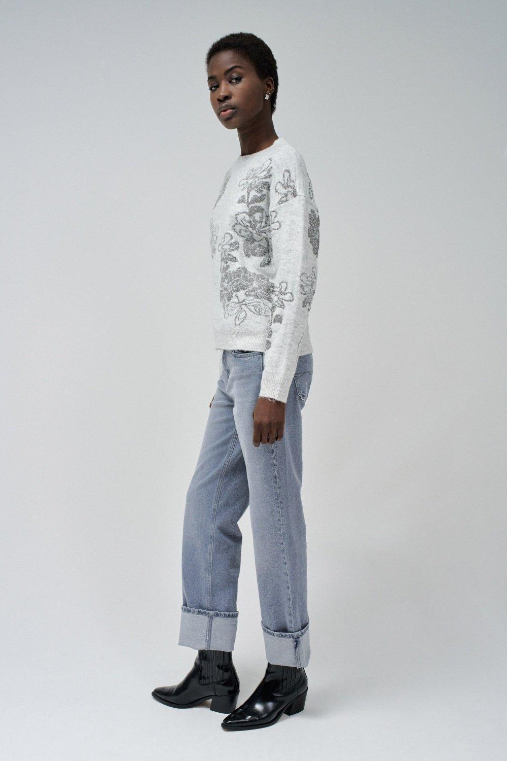Gray Floral Jumpers Cropped Sweater, , large image number 2