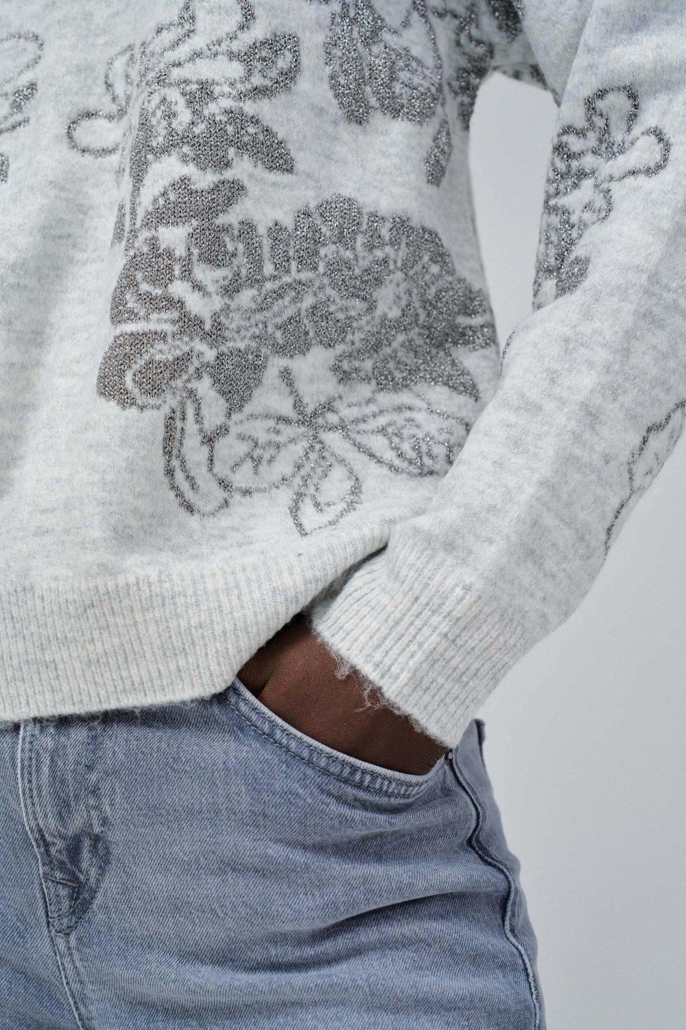 Gray Floral Jumpers Cropped Sweater, , large image number 4
