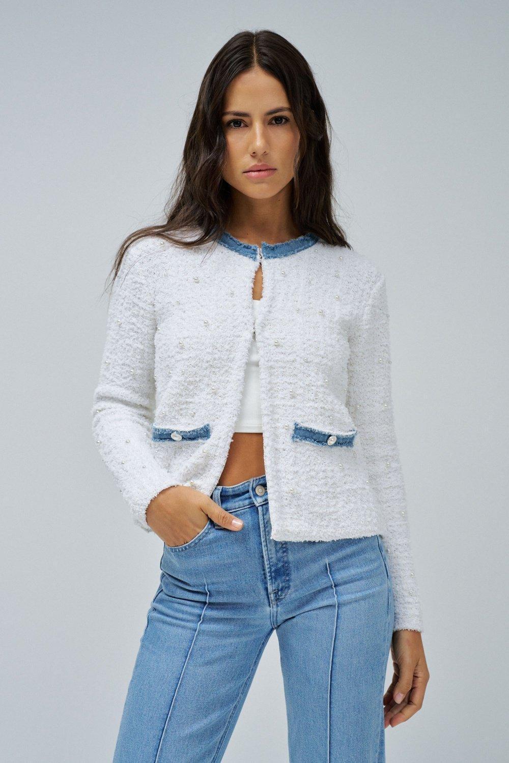 White Cardigan With Pearls And Glitter, , medium