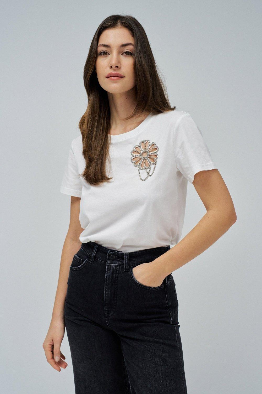 White T-Shirt With Floral Cutout, , medium