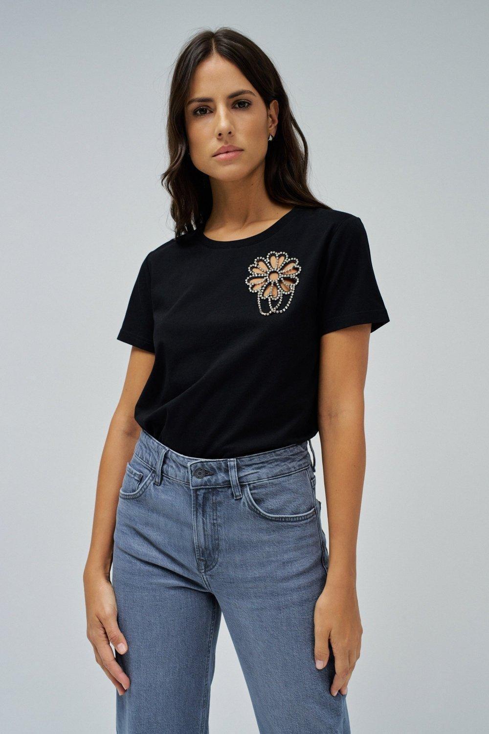 T-Shirt With Floral Cutout, Black, medium