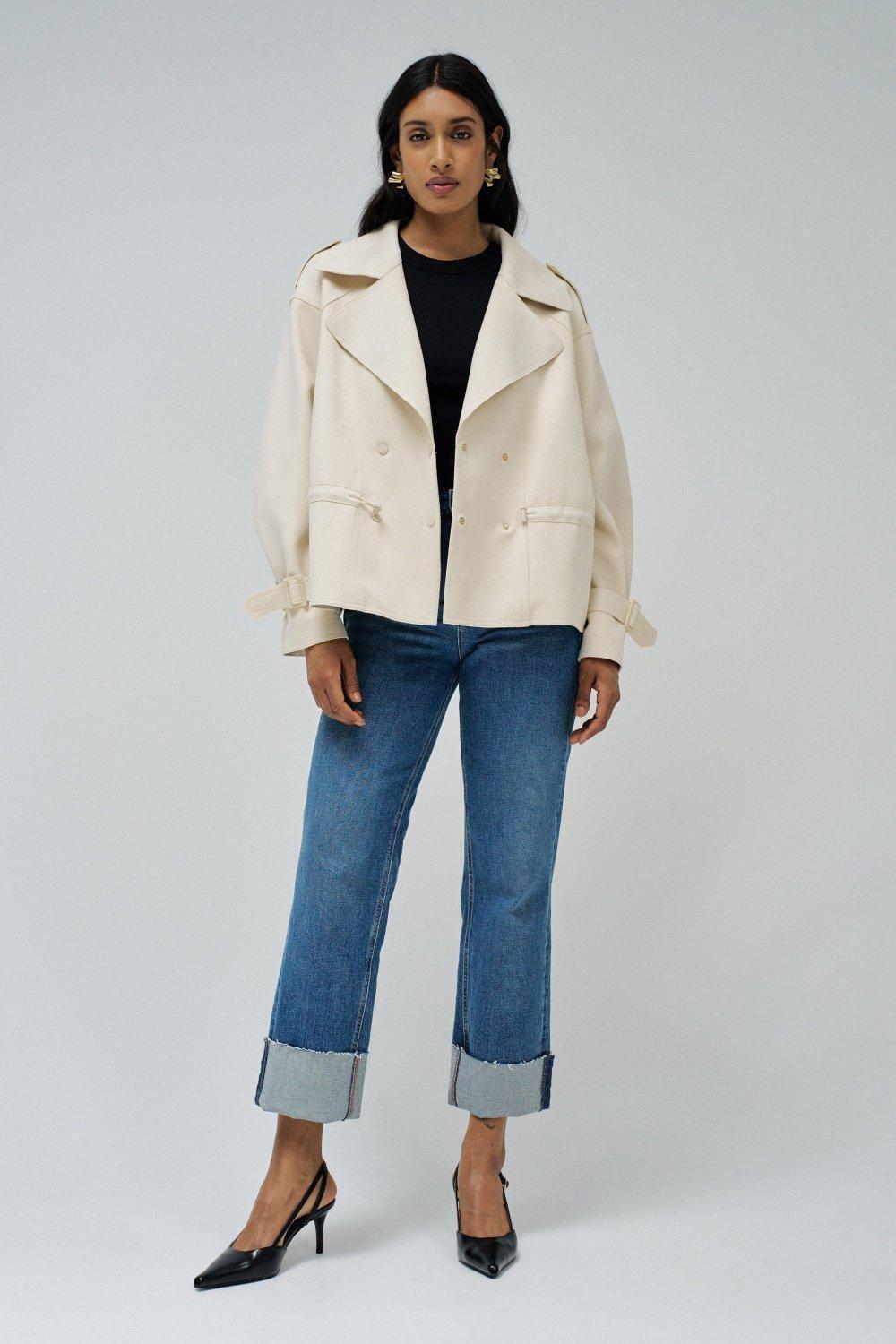 Cream Casual Cropped Jacket, , large image number 1