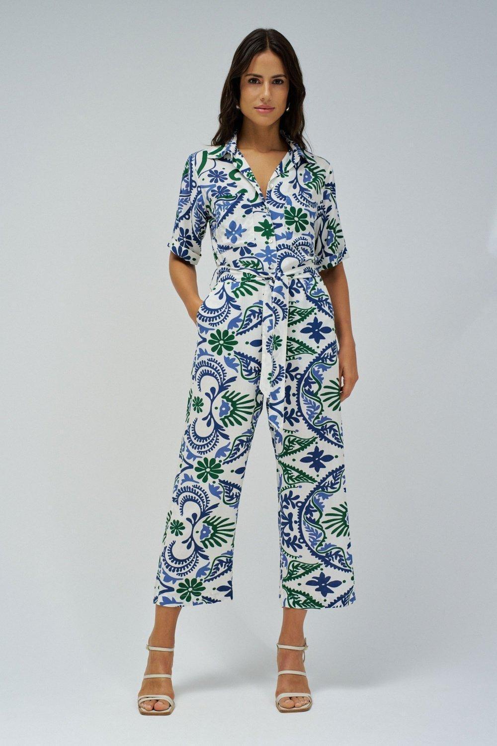 White Floral Shirt Jumpsuit, , medium