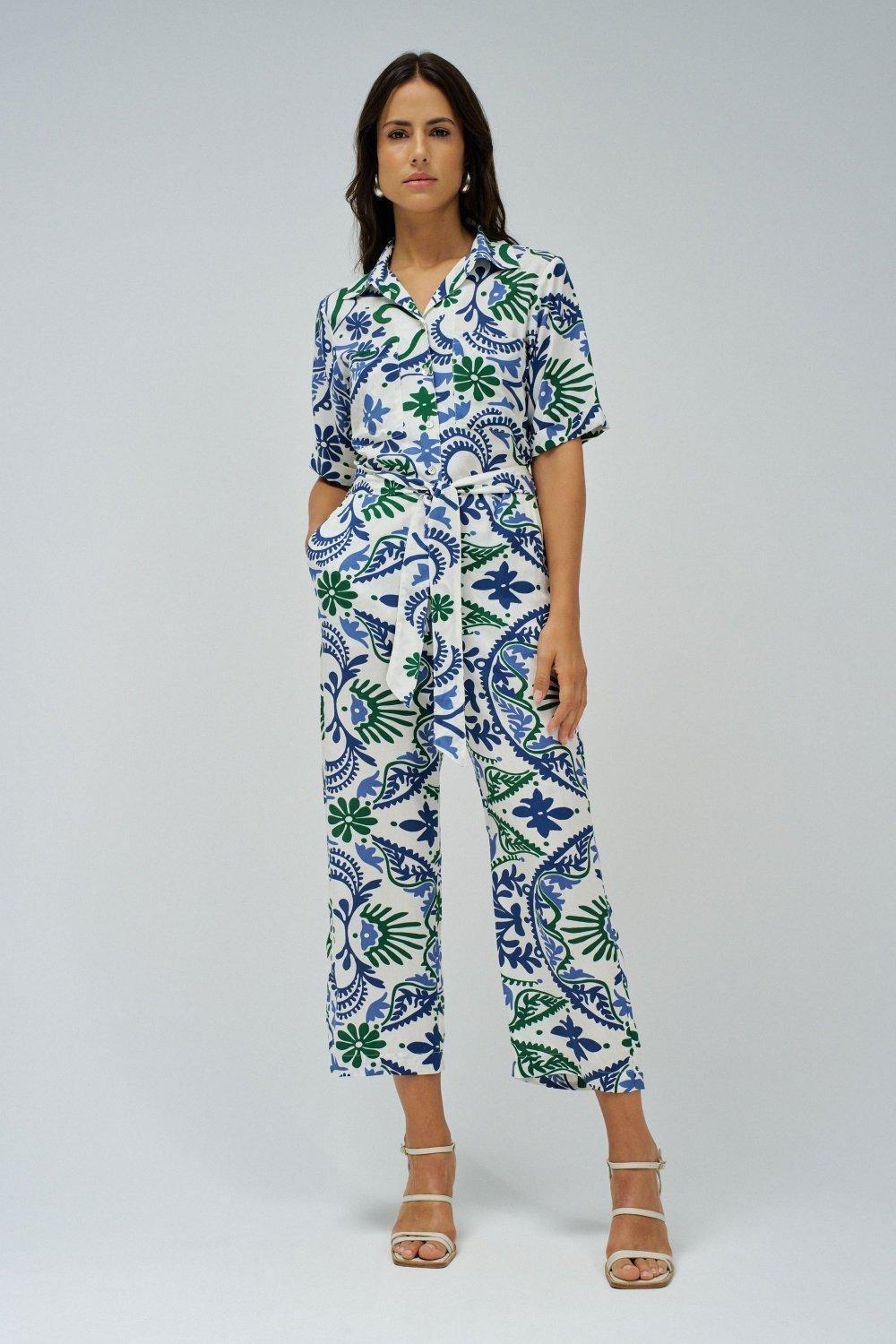 White Floral Shirt Jumpsuit, , large image number 1