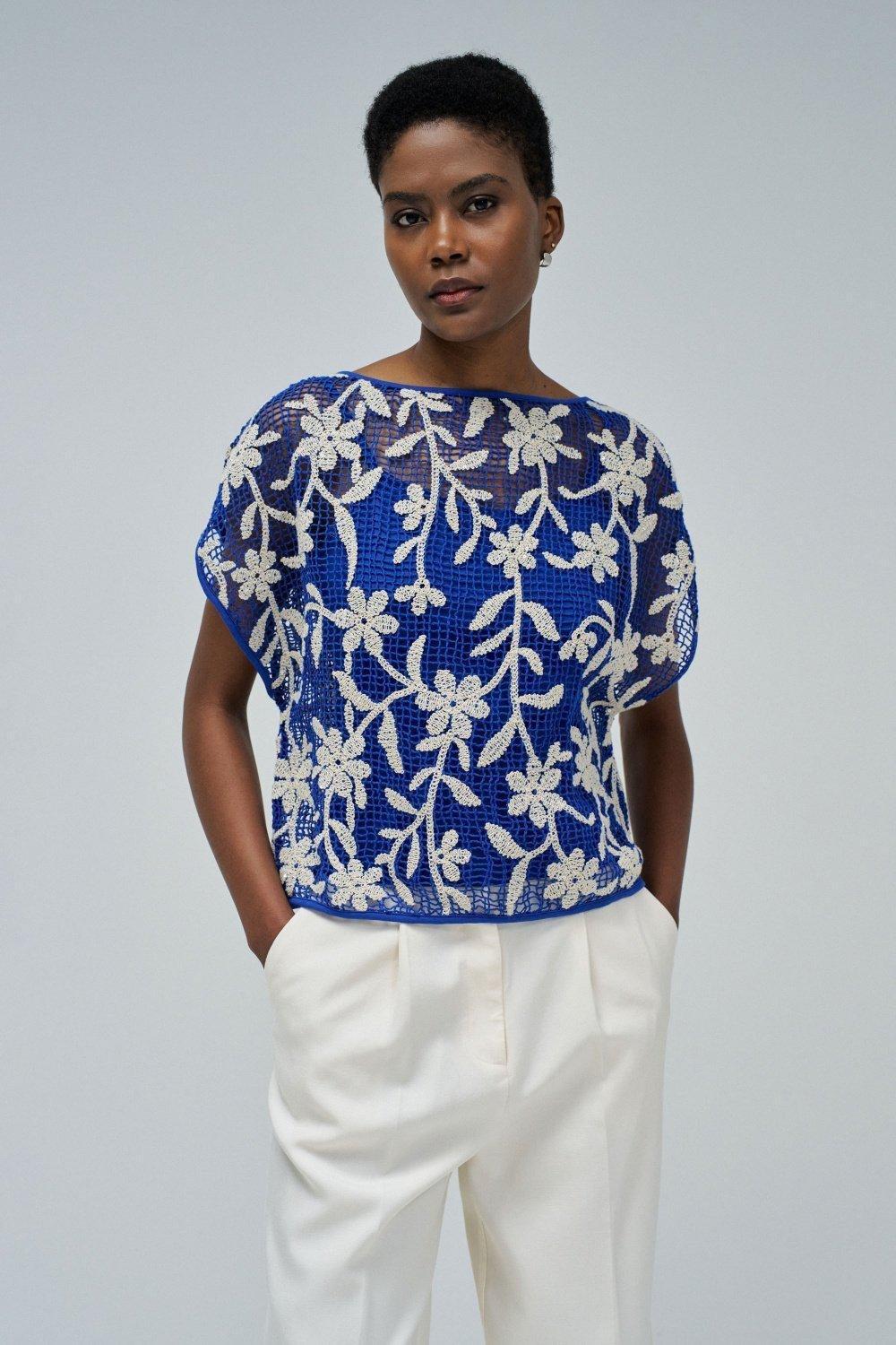 BLUE T-SHIRT WITH FLORAL CROCHET EFFECT, , medium