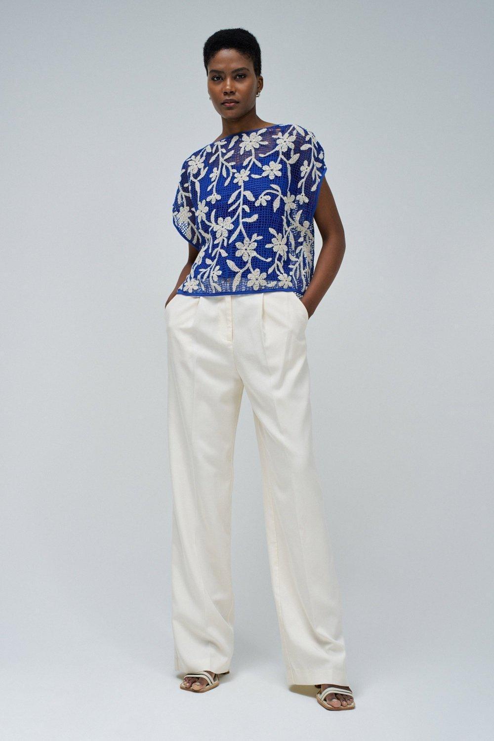 BLUE T-SHIRT WITH FLORAL CROCHET EFFECT, , large image number 1