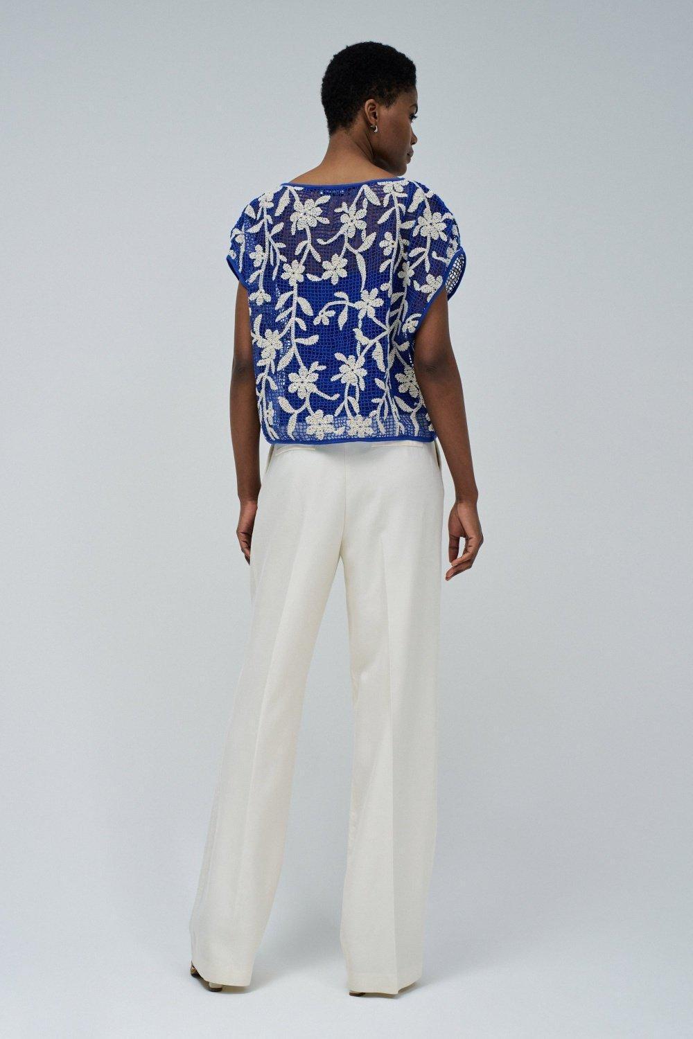 BLUE T-SHIRT WITH FLORAL CROCHET EFFECT, , large image number 3