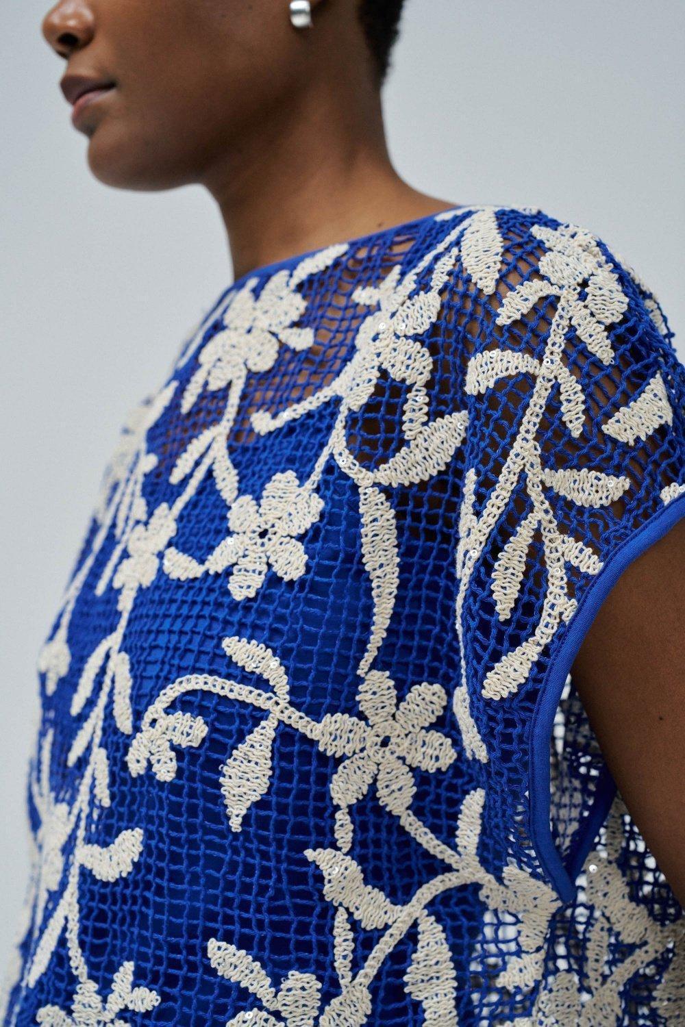 BLUE T-SHIRT WITH FLORAL CROCHET EFFECT, , large image number 4