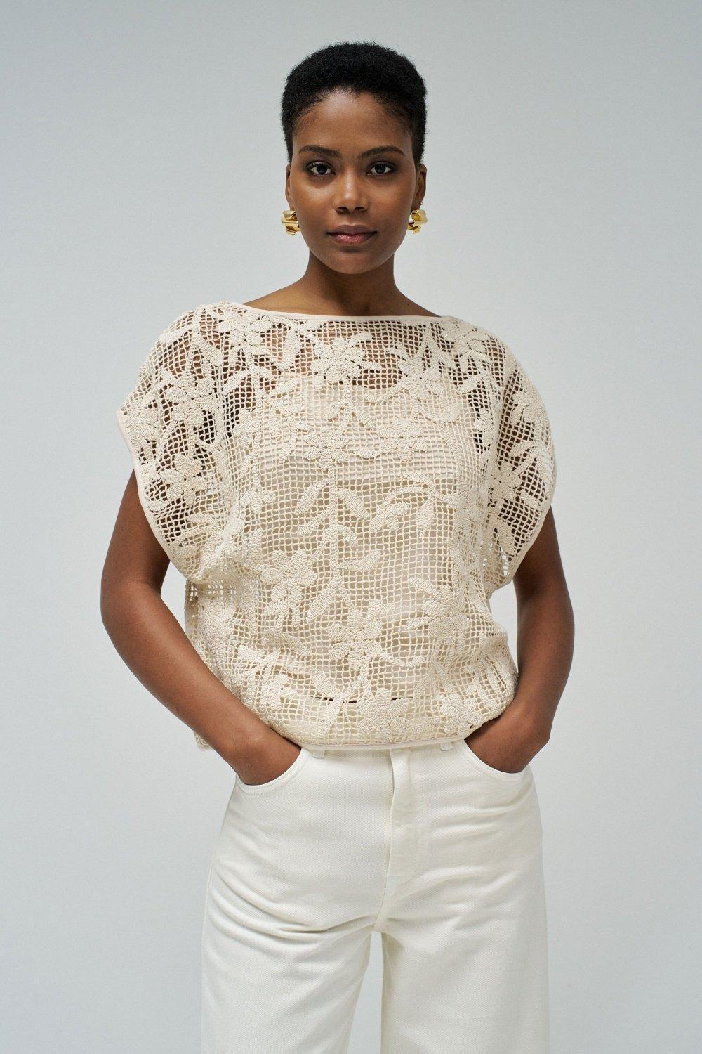 T-Shirt With Floral Crochet Effect&nbsp;, Pearl, medium